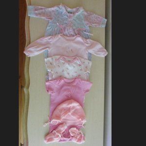 Bundle of Newborn Girls Clothes - 3 Onesies, PJs, Hat and Booties